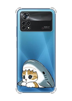 Чехол с утолщёнными углами для xiaomi poco x4 pro 5g котик акула (принт 421)
