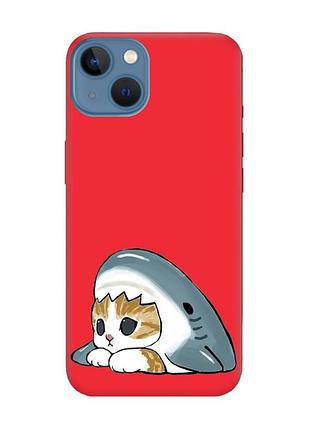 Матовий червоний чохол на apple iphone 13 котик акула (принт 421)