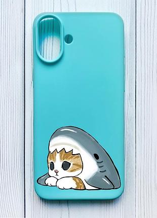 Матовий бірюзовий чохол на iphone 16 plus котик акула (принт 421)