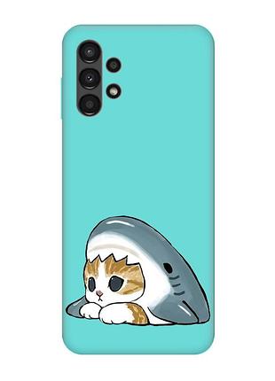 Матовий бірюзовий чохол на samsung galaxy a13 4g котик акула (принт 421)