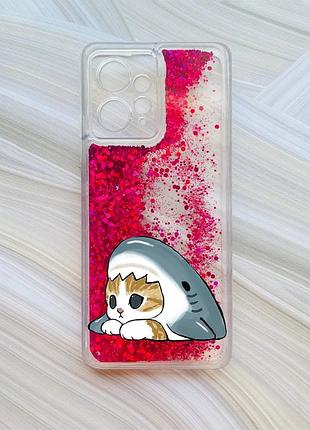 Чехол с плавающими розовыми блестками на xiaomi redmi note 12 4g котик акула (принт 421)