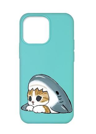 Матовый бирюзовый чехол на apple iphone 13 pro котик акула (принт 421)