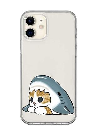 Прозорий чохол на iphone 12 mini котик акула (принт 421)