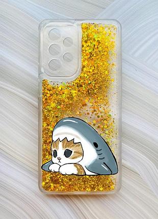 Чехол с плавающими золотыми блестками на samsung galaxy a53 4g/a53 5g котик акула (принт 421)