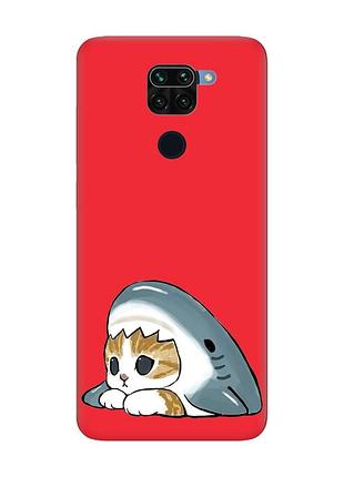 Матовый красный чехол на xiaomi redmi note 9 / 10x котик акула (принт 421)