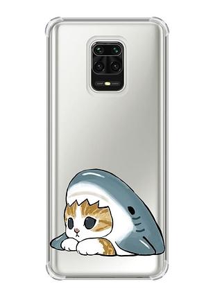 Чохол з потовщеними кутами на xiaomi redmi note 9 pro/ 9s/ 9 pro max котик акула (принт 421)