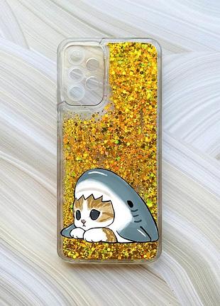 Чохол з плаваючими золотими блискітками на samsung galaxy a23 котик акула (принт 421)