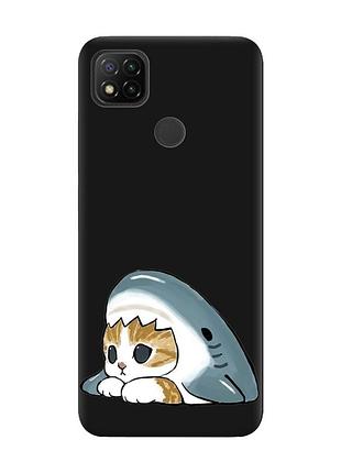 Матовый черный чехол на xiaomi redmi 9c/10a котик акула (принт 421)