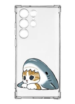 Чехол с утолщёнными углами на samsung galaxy s23 ultra котик акула (принт 421)