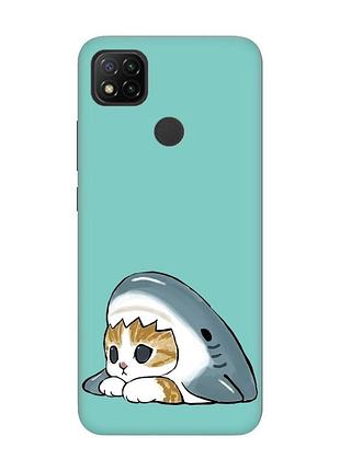 Матовый бирюзовый чехол на xiaomi redmi 9c/10a котик акула (принт 421)