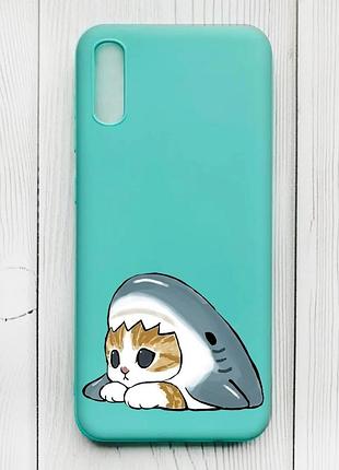 Матовый бирюзовый чехол на xiaomi redmi 9a котик акула (принт 421)