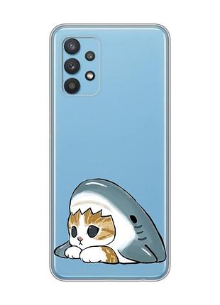 Прозрачный чехол на samsung galaxy a32 котик акула (принт 421)