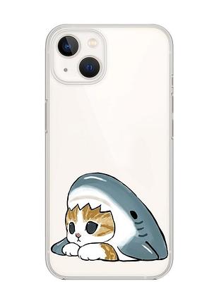 Прозрачный чехол с защитой камеры на iphone 14 plus котик акула (принт 421)