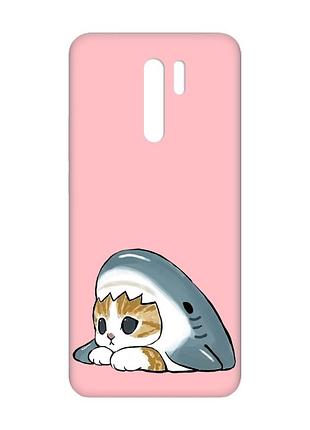 Матовый розовый чехол на xiaomi redmi 9 котик акула (принт 421)