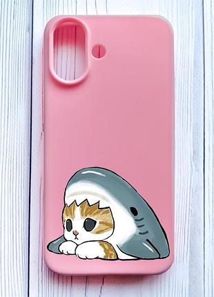 Матовий рожевий чохол на iphone 16 котик акула (принт 421)