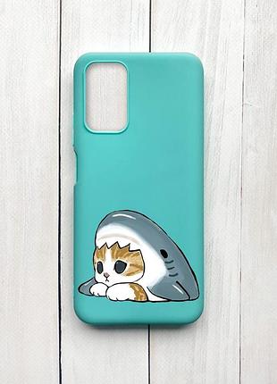 Матовий чохол на xiaomi redmi 9t бірюзовий котик акула (принт 421)