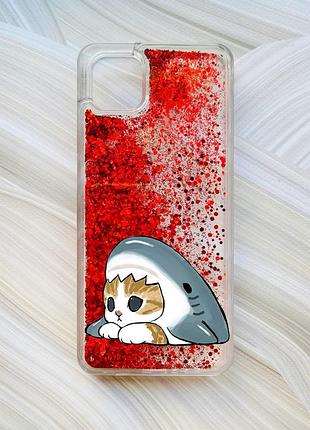Чехол с плавающими красными блестками на samsung galaxy a04 котик акула (принт 421)