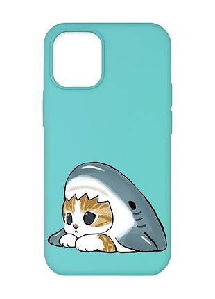 Матовый бирюзовый чехол на iphone 12 / 12 pro (6.1) котик акула (принт 421)
