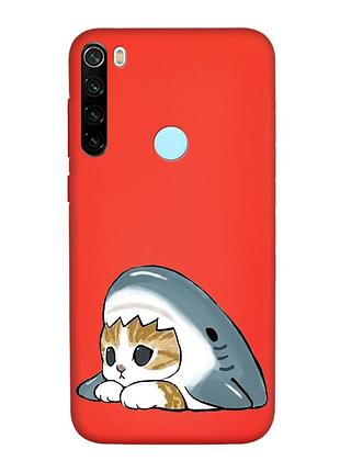 Матовый красный чехол на xiaomi redmi note 8t котик акула (принт 421)