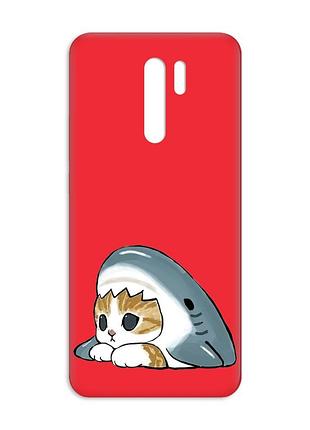 Матовый красный чехол на xiaomi redmi 9 котик акула (принт 421)