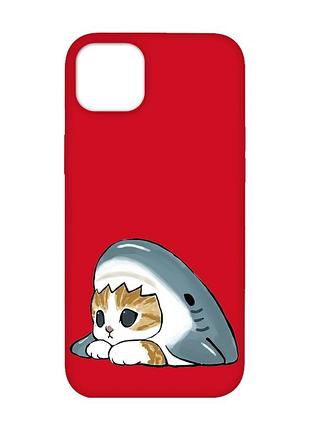 Матовий червоний чохол на iphone 14 plus котик акула (принт 421)