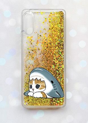 Чехол с плавающими золотыми блестками на samsung galaxy a02/a022 (2021) котик акула (принт 421)