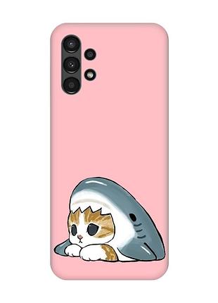Матовый розовый чехол на samsung a13 4g котик акула (принт 421)