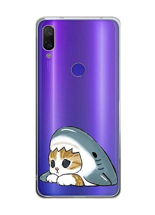 Прозрачный чехол на xiaomi redmi note 7 котик акула (принт 421)