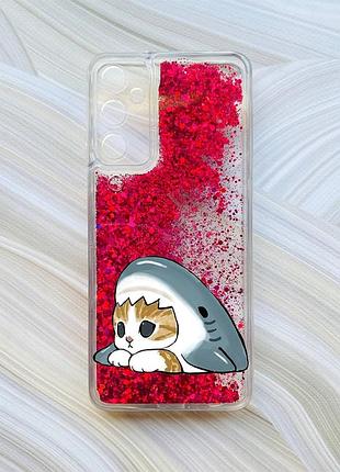 Чохол з плаваючими рожевими блискітками на samsung galaxy a05s (a057) котик акула (принт 421)
