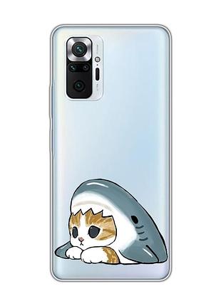 Прозрачный чехол на xiaomi redmi note 10 pro/10 pro max котик акула (принт 421)
