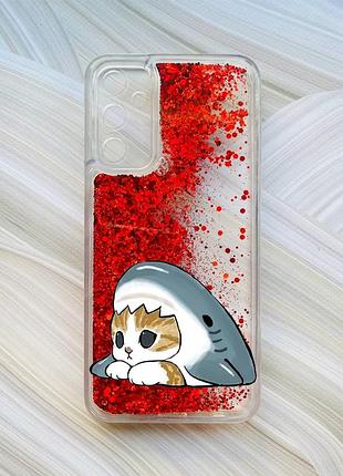 Чехол с плавающими красными блестками на samsung galaxy a24 (a245) котик акула (принт 421)