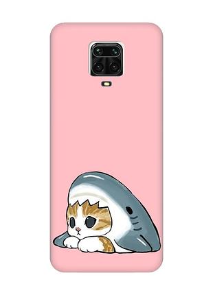 Матовий рожевий чохол на xiaomi redmi note 9 pro / 9s / 9 pro max котик акула (принт 421)