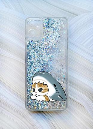 Чехол с плавающими серебряными блестками на samsung galaxy a05 (a055) котик акула (принт 421)