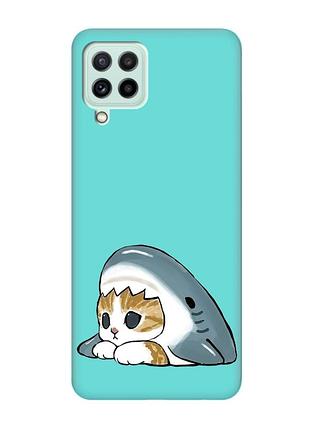 Матовый бирюзовый чехол на samsung galaxy m32/m22/a22 4g котик акула (принт 421)