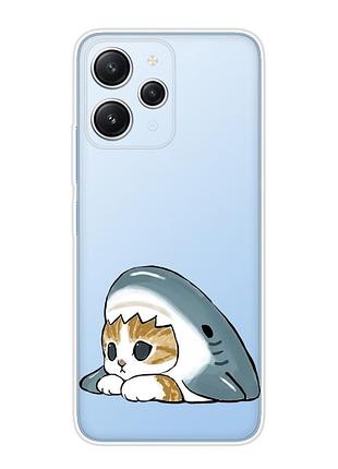 Прозрачный чехол на xiaomi redmi 12 котик акула (принт 421)