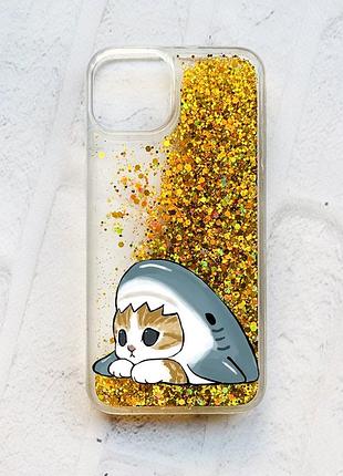 Чохол з плаваючими золотими блискітками на iphone 13 котик акула (принт 421)