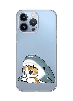 Прозорий чохол на apple iphone 13 pro котик акула (принт 421)