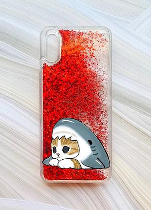 Чехол с плавающими красными блестками на xiaomi redmi 9a котик акула (принт 421)