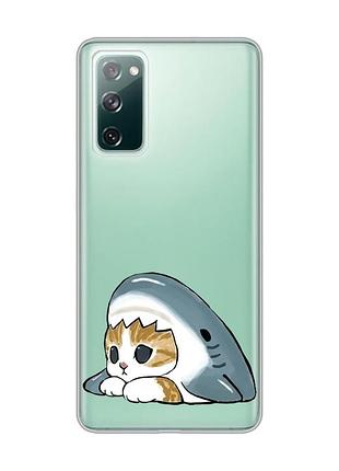 Прозрачный чехол на samsung galaxy s20 fe котик акула (принт 421)