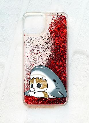 Чехол с плавающими красными блестками на iphone 13 котик акула (принт 421)