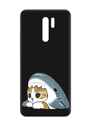 Матовый черный чехол на xiaomi redmi 9 котик акула (принт 421)