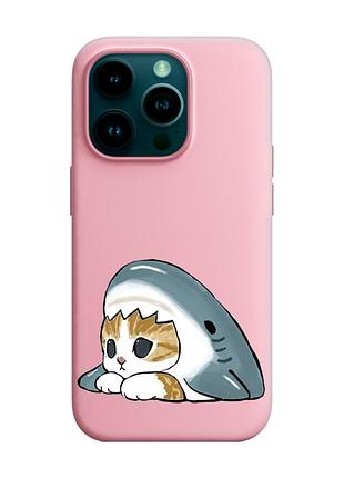 Матовый розовый чехол на apple iphone 14 pro котик акула (принт 421)