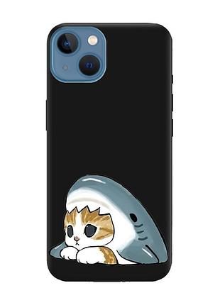Матовий чорний чохол на apple iphone 13 котик акула (принт 421)