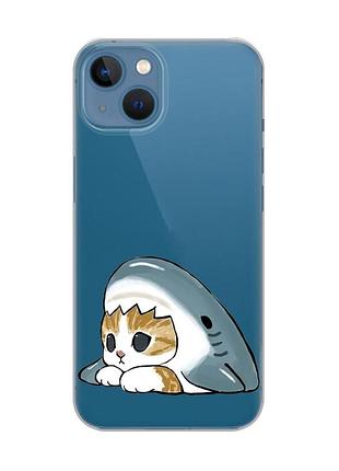 Прозорий чохол на apple iphone 13 котик акула (принт 421)