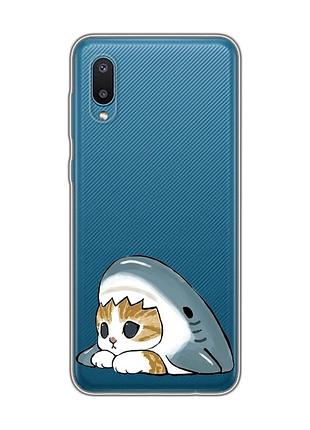 Прозрачный чехол на samsung galaxy a02/a022 (2021) котик акула (принт 421)