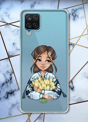 Прозрачный чехол на samsung a12 4g :: девушка с тюльпанами (принт 22)