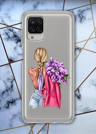 Прозорий чохол для samsung a12 з об'ємним друком "дівчина з бузком" принт 7