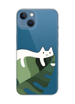 Прозрачный чехол на apple iphone 13 :: кот на листе (принт 367)