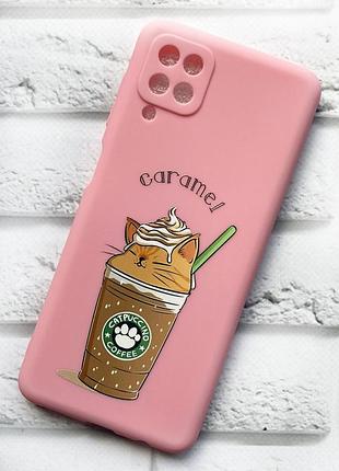 Матовый чехол на samsung galaxy a12 розовый капучино котик (принт 97)