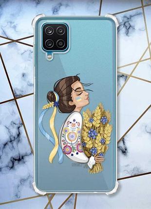Чехол с утолщенными углами на samsung a12 4g :: украинка с колосками (принт 172)